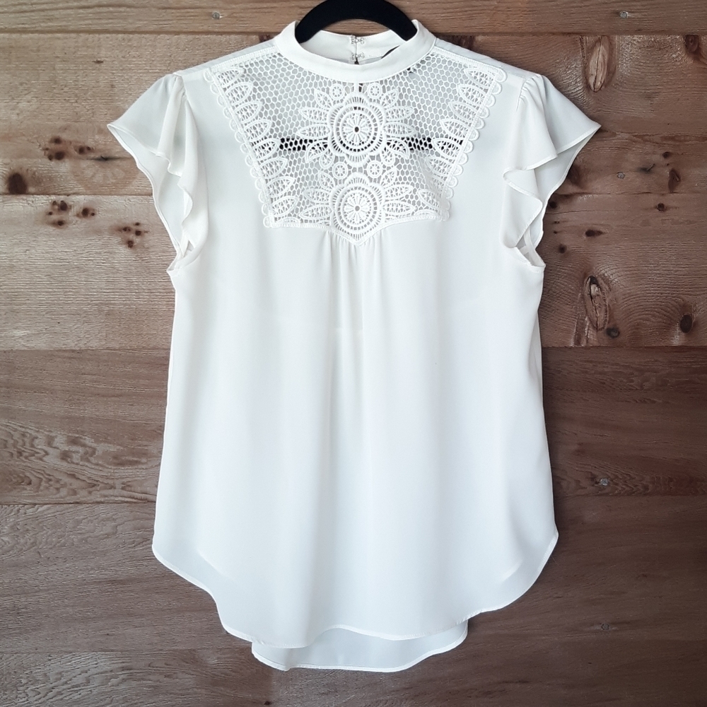 Express Ivory Flutter Sleeve Lace Yoke Top XS
